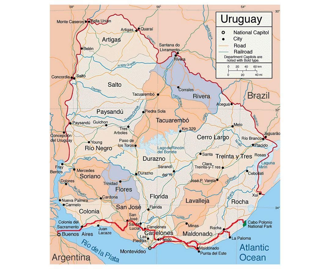 Mappa dell'Uruguay con citie